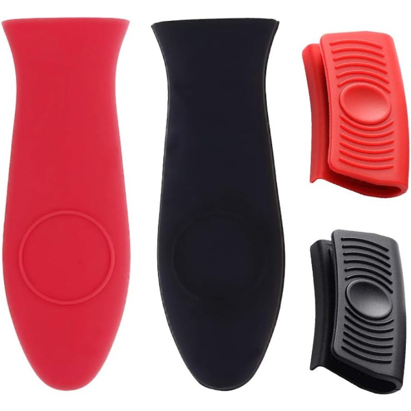 

4-pack Silicone Handle Holders, Potholder Sleeves For Cast Iron Skillets, Non-slip Grip, Heat Resistant Cookware Grips, Hand Wash Only - Red & Black