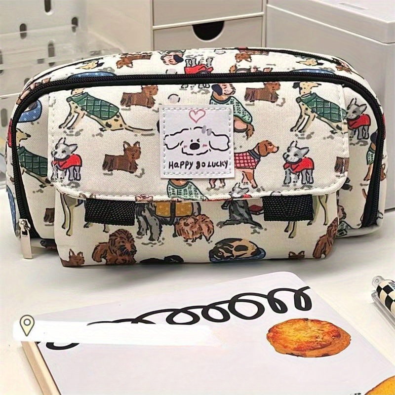 

Retro Style Puppy Print Canvas Pencil Case, Double-layer Super Large Capacity, Japanese Cartoon Design, Versatile Portable Multi-functional, Durable And Convenient, Office Desk Organizer