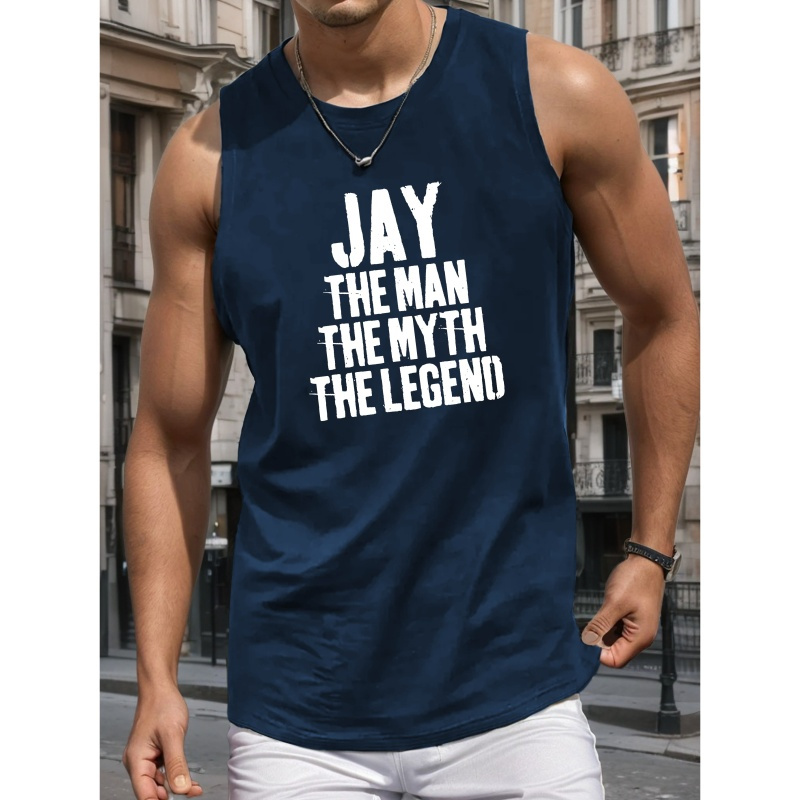 

Jay The Legend Letters Print Men's Tank Top, Casual Sleeveless Athletic Tank Top, Breathable Comfy Tops