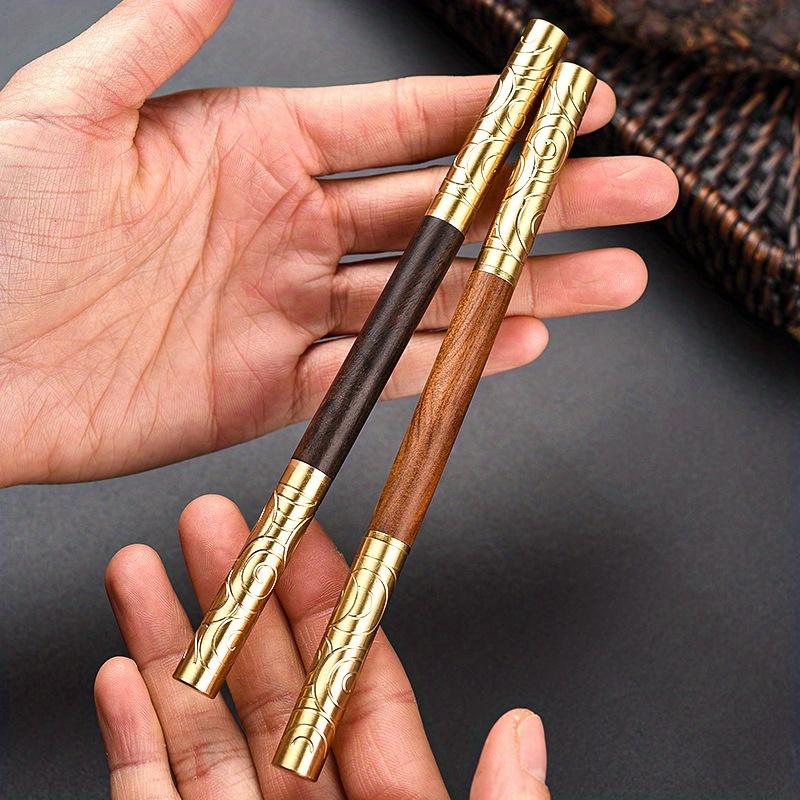 elegant double headed black sandalwood rosewood tea knife with golden hoop stick   warping     and   details 1