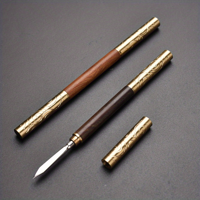 elegant double headed black sandalwood rosewood tea knife with golden hoop stick   warping     and   details 2