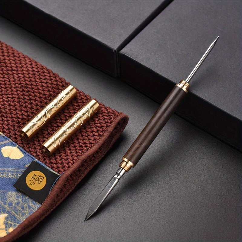 elegant double headed black sandalwood rosewood tea knife with golden hoop stick   warping     and   details 3