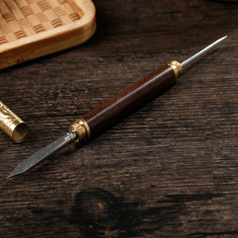 elegant double headed black sandalwood rosewood tea knife with golden hoop stick   warping     and   details 5