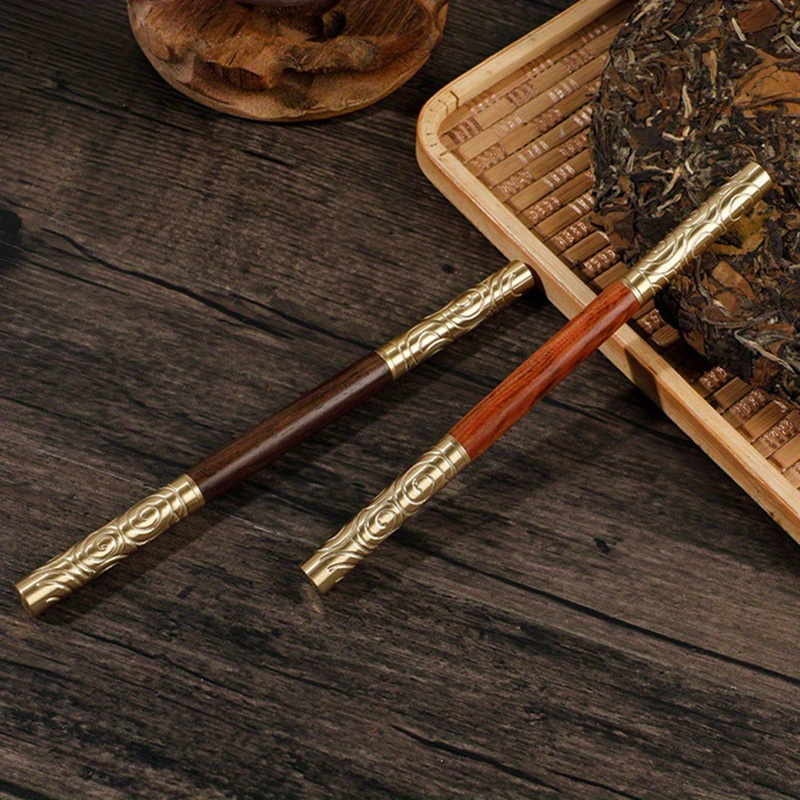 elegant double headed black sandalwood rosewood tea knife with golden hoop stick   warping     and   details 7