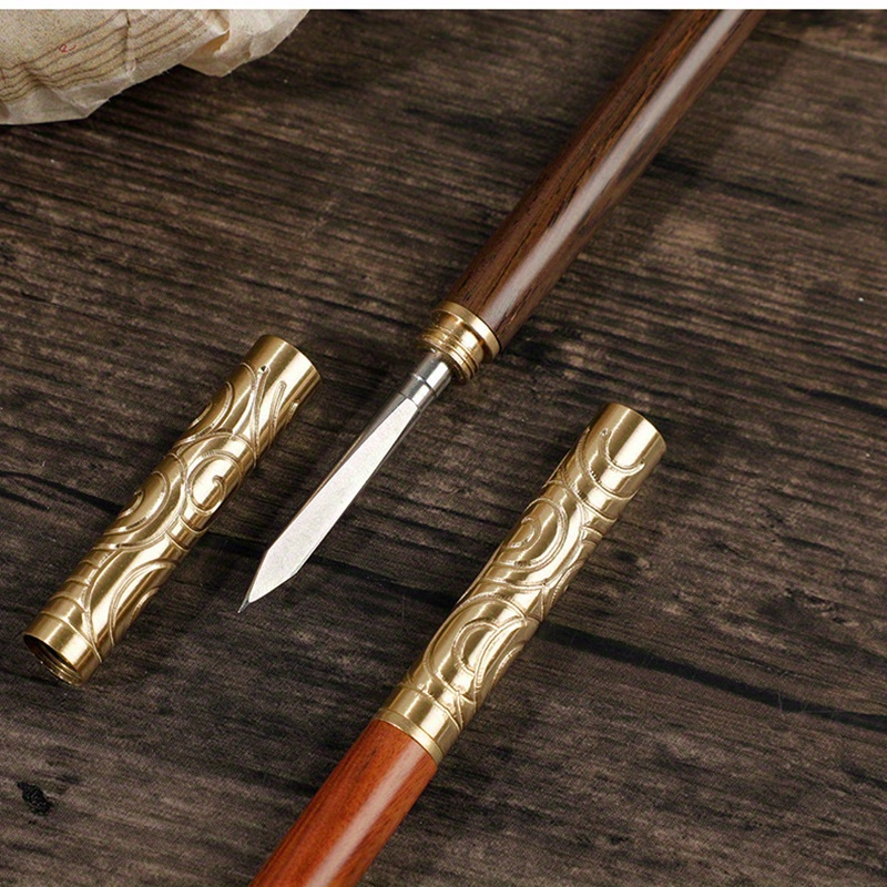 elegant double headed black sandalwood rosewood tea knife with golden hoop stick   warping     and   details 8