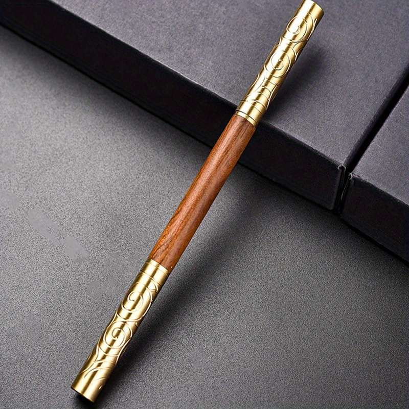 elegant double headed black sandalwood rosewood tea knife with golden hoop stick   warping     and   details 10