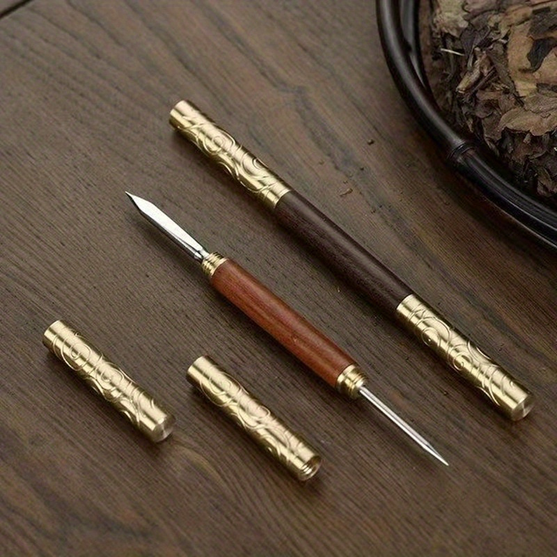 elegant double headed black sandalwood rosewood tea knife with golden hoop stick   warping     and   details 11