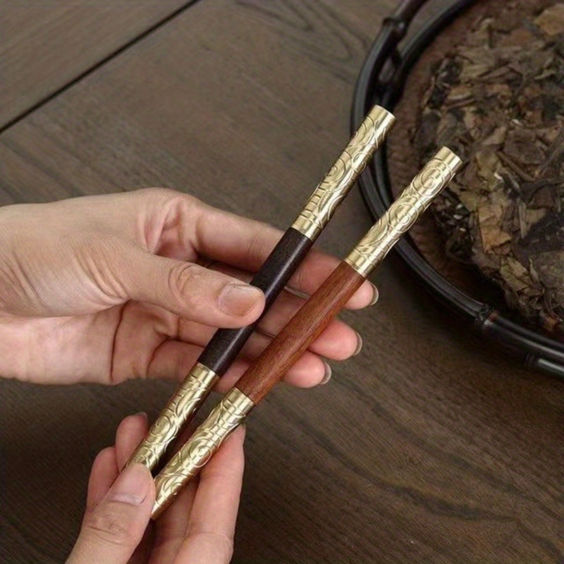 elegant double headed black sandalwood rosewood tea knife with golden hoop stick   warping     and   details 12