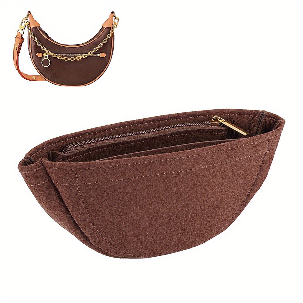 1pc Moon-Shaped Fleece Felt Purse Organizer Insert with Zipper Coconut  Brown, Inches, Compact Bag Accessory for Stylish Org