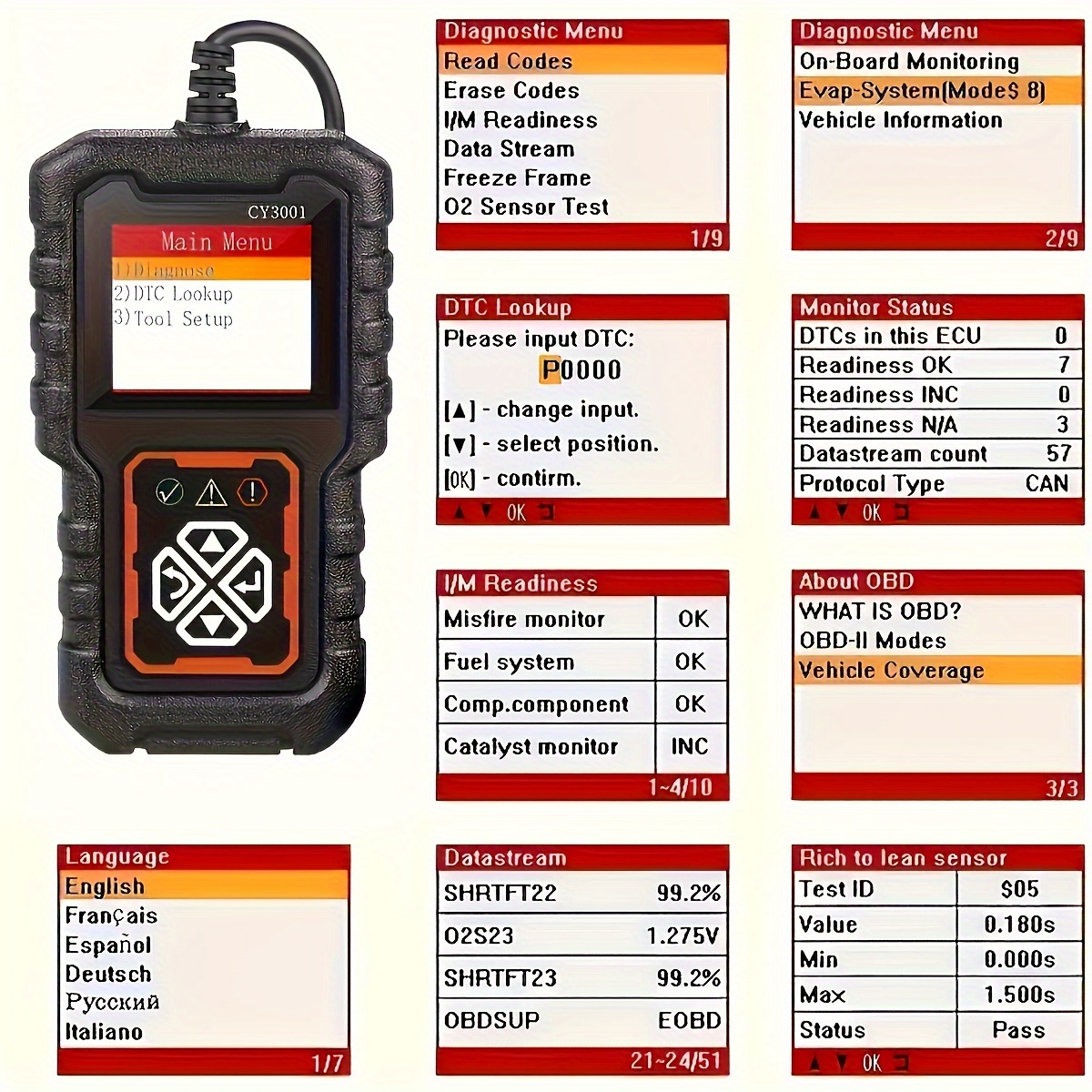 

2024 Obd-ii Scanner, Car Diagnostic Tool, Engine Fault Code Reader, Can Mode, 6 Languages, , Dtc Lookup & I/m Readiness, 0-36v , Battery Not Included