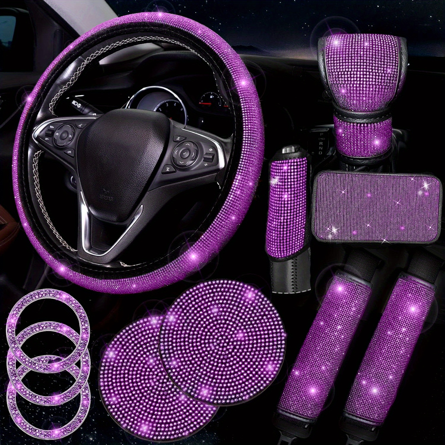 

11pcs Bling Car Seat Covers Set Car Diamond Accessories With Shiny Bling Car Seat Covers Bling Steering Wheel Cover Seat Belt Pads Glitter Center Pad Cup Drill Rings Universal