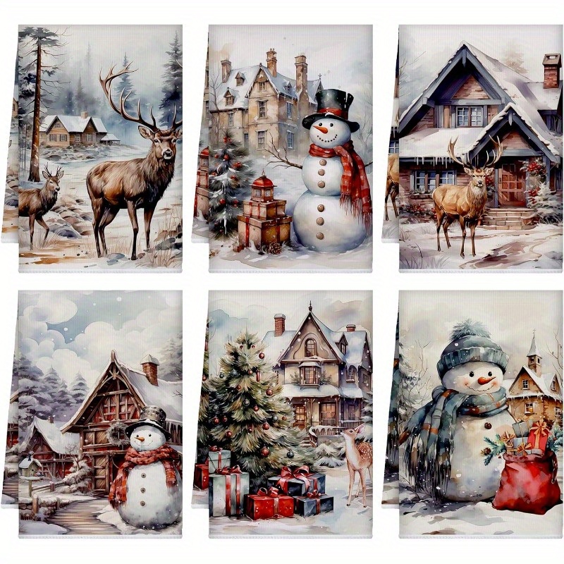 

6pcs Christmas Kitchen Towel Set - Vintage Elk & Snowman Design, Polyester, Machine Washable - Home Decor, 18x26 Inches