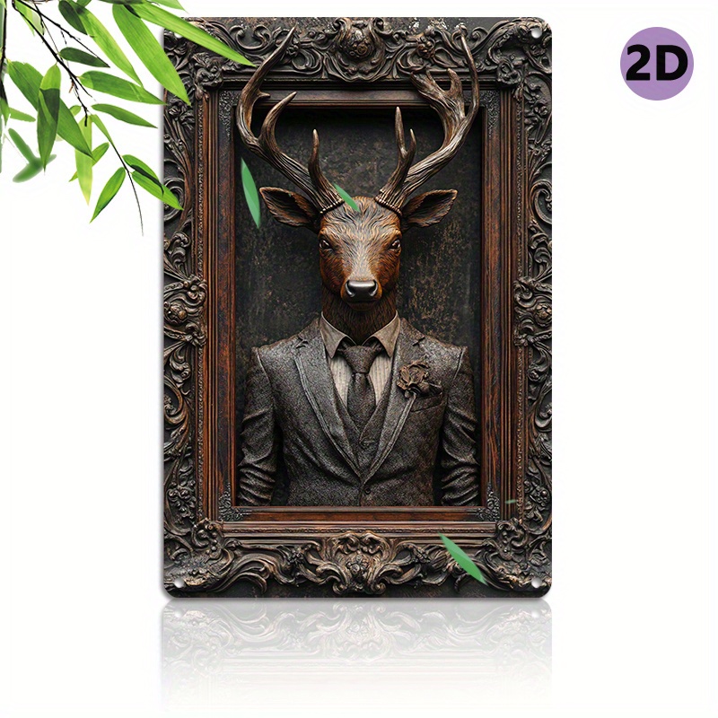 

Vintage Deer In Suit Aluminum Wall Art - 8x12" Retro Metal Tin Sign For Home, Gym, Bathroom Decor - Easy Install, Durable & Fade-resistant