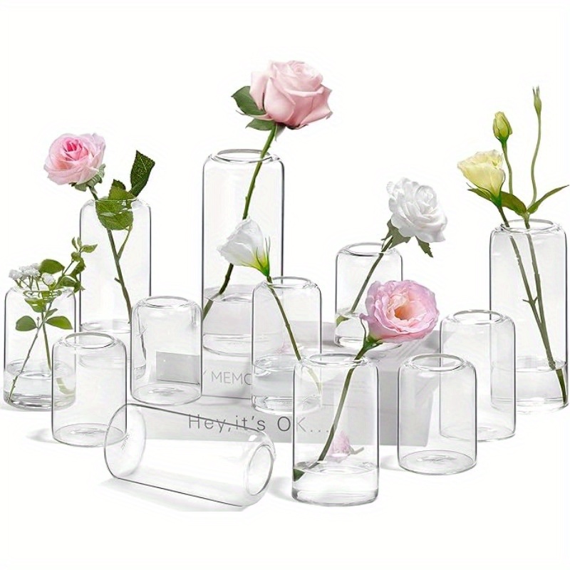 

12- Cylinder Glass Vases - Elegant Transparent Bud Vase Set For Centerpieces, Blown Glass For Weddings, Parties, And Home Decor