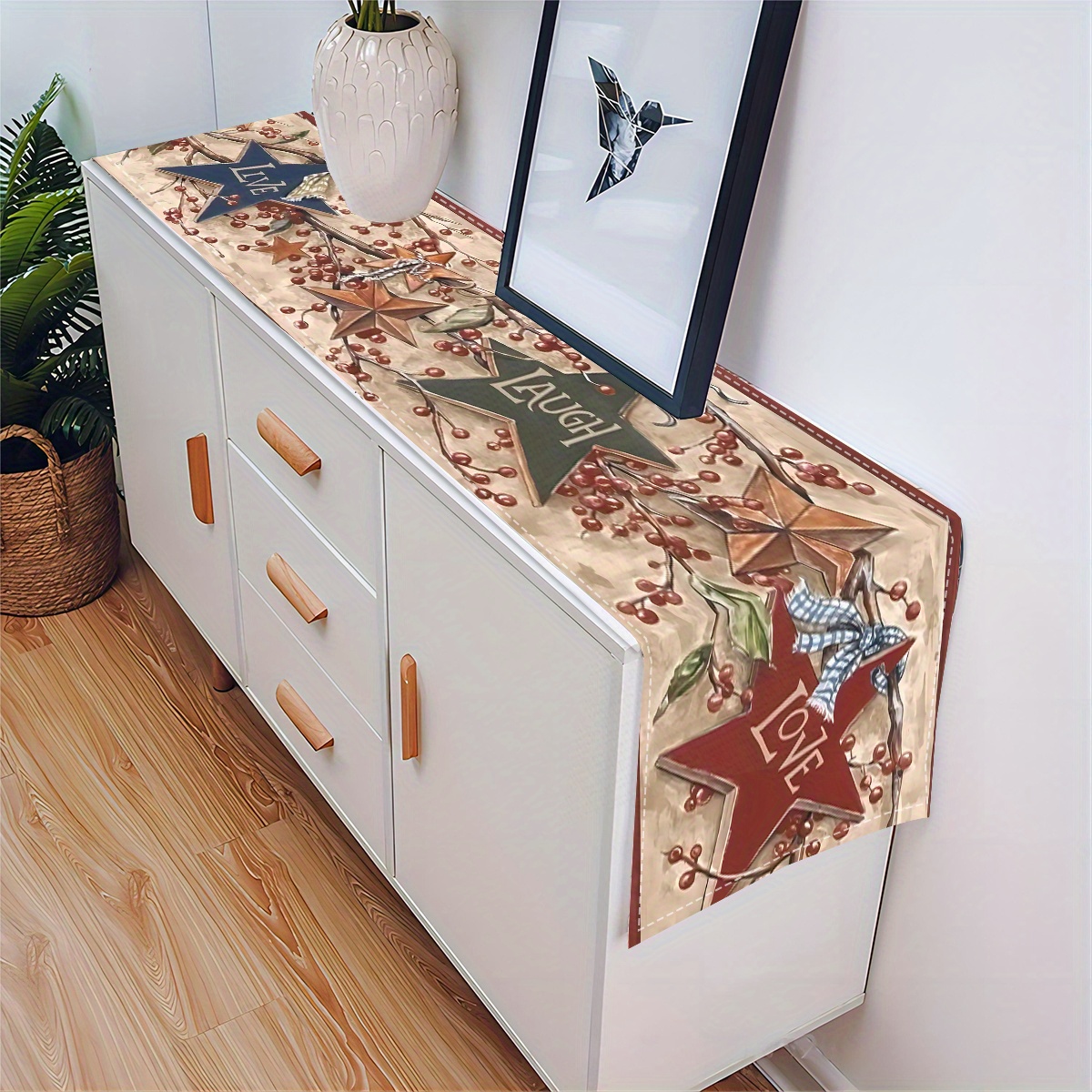 

And Bowknot Print Table Runner - 1pc Woven Linen 100% Canvas Dining Decor, Rectangle Kitchen Table Linen For Indoor Home Party Decoration
