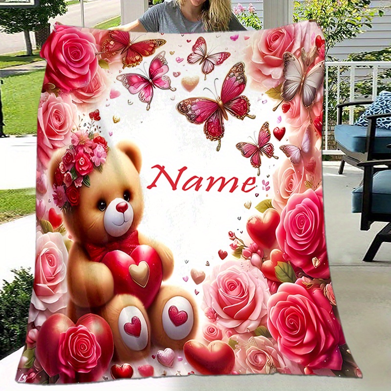 

Personalized Bear & Rose Custom Name Blanket - Soft, Warm Flannel Throw For Naps, Camping & Travel - Perfect Gift For Family & Loved Ones