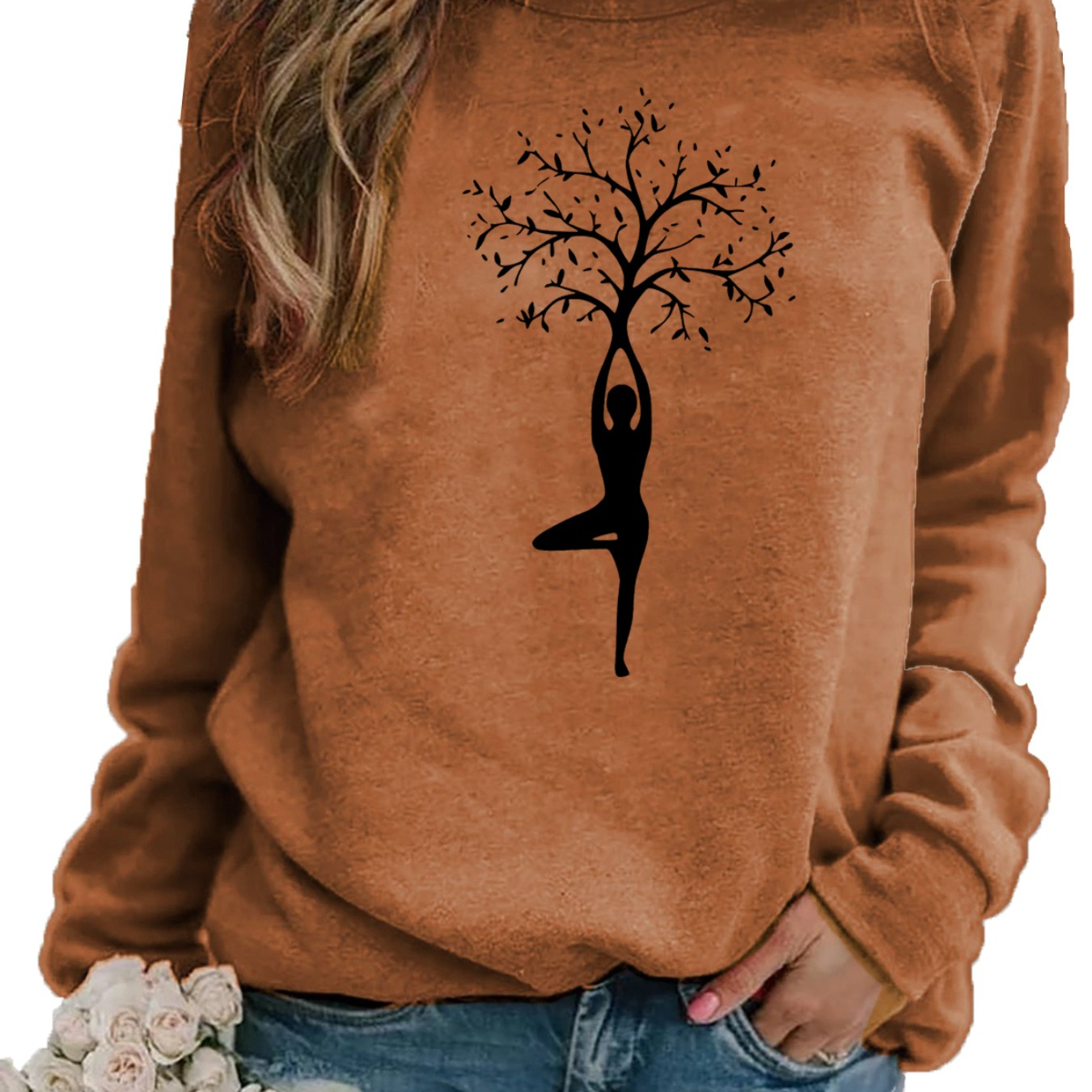 

Tree Figure Print Sweatshirt, Crew Neck Casual Sweatshirt For Fall & Spring, Women's Clothing