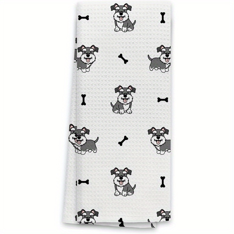 

Contemporary Polyester Kitchen Towels With Miniature Schnauzer And Bone Pattern, Super Dish Cloths, Machine Washable, Animal Theme Oblong Hand Towels For Dog Lovers - 18x26 Inch