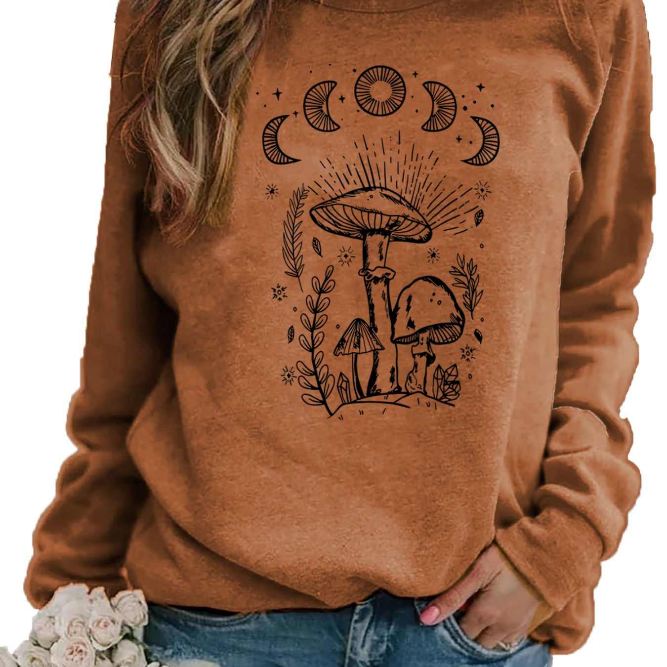 

Women's Casual Crew Neck Sweatshirt With Unique Mushroom & Moon Print - Soft Cotton Blend, Long Sleeve, Perfect For Spring/fall