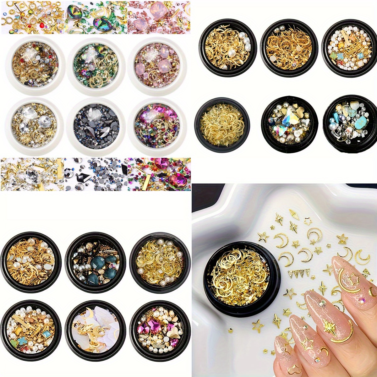 

20 6 Wheels Mixed Sparkle Nail Art Rhinestones Diamonds Crystals Beads Artificial Pearls And Gold Silver Nail Studs Gems Metal Rivets Charms Hollow Moon Star Shaped