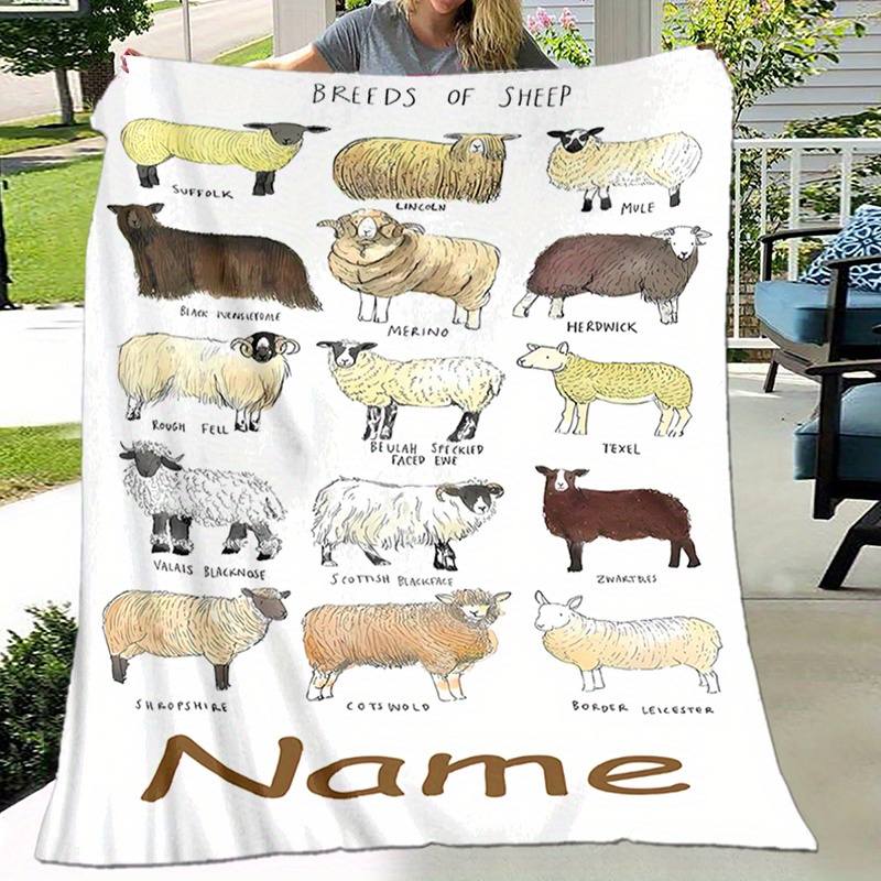 

Custom Name Sheep Breed Flannel Throw Blanket - Personalized Warm Digital Print Polyester Knitting - Animal Themed All-season Comfort - Ideal For Naps, Camping & Travel