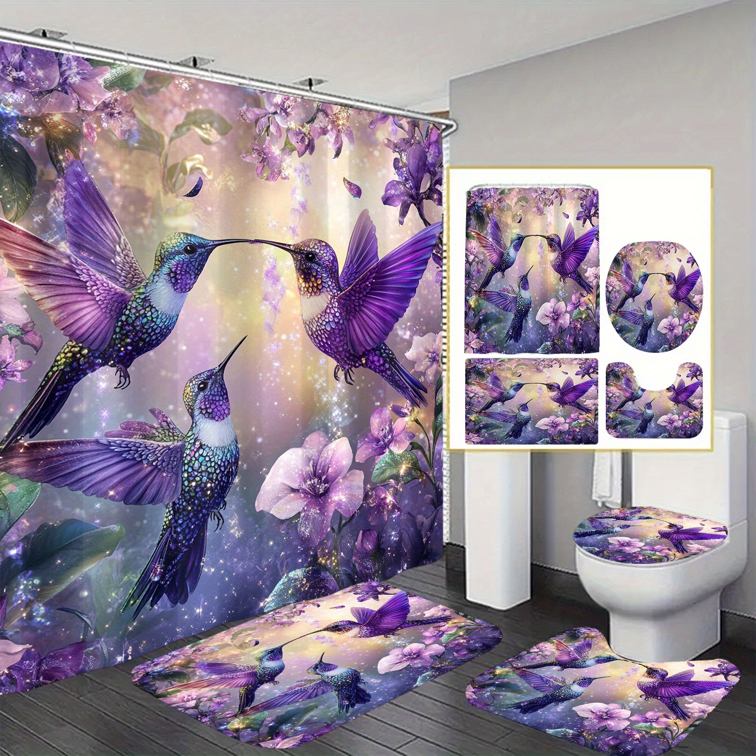 

Hummingbird Pattern Shower Curtain Waterproof 12 Hooks Suitable For Room Machine Washable Curtain Waterproof Bathroom 1pc/4pcs