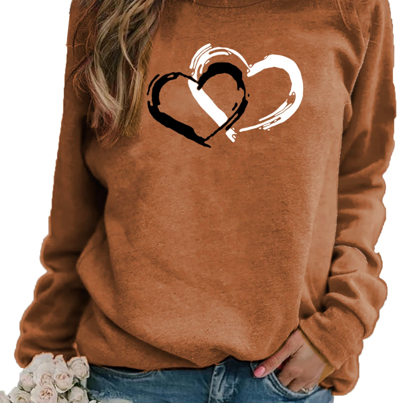 

Women's Casual Long Sleeve Crew Neck Sweatshirt With Heart Applique - Knit Fabric Cotton Blend, Raglan Sleeves, Slight Stretch, Geometric Pattern, Pullover For Daily Wear - Spring/summer/fall