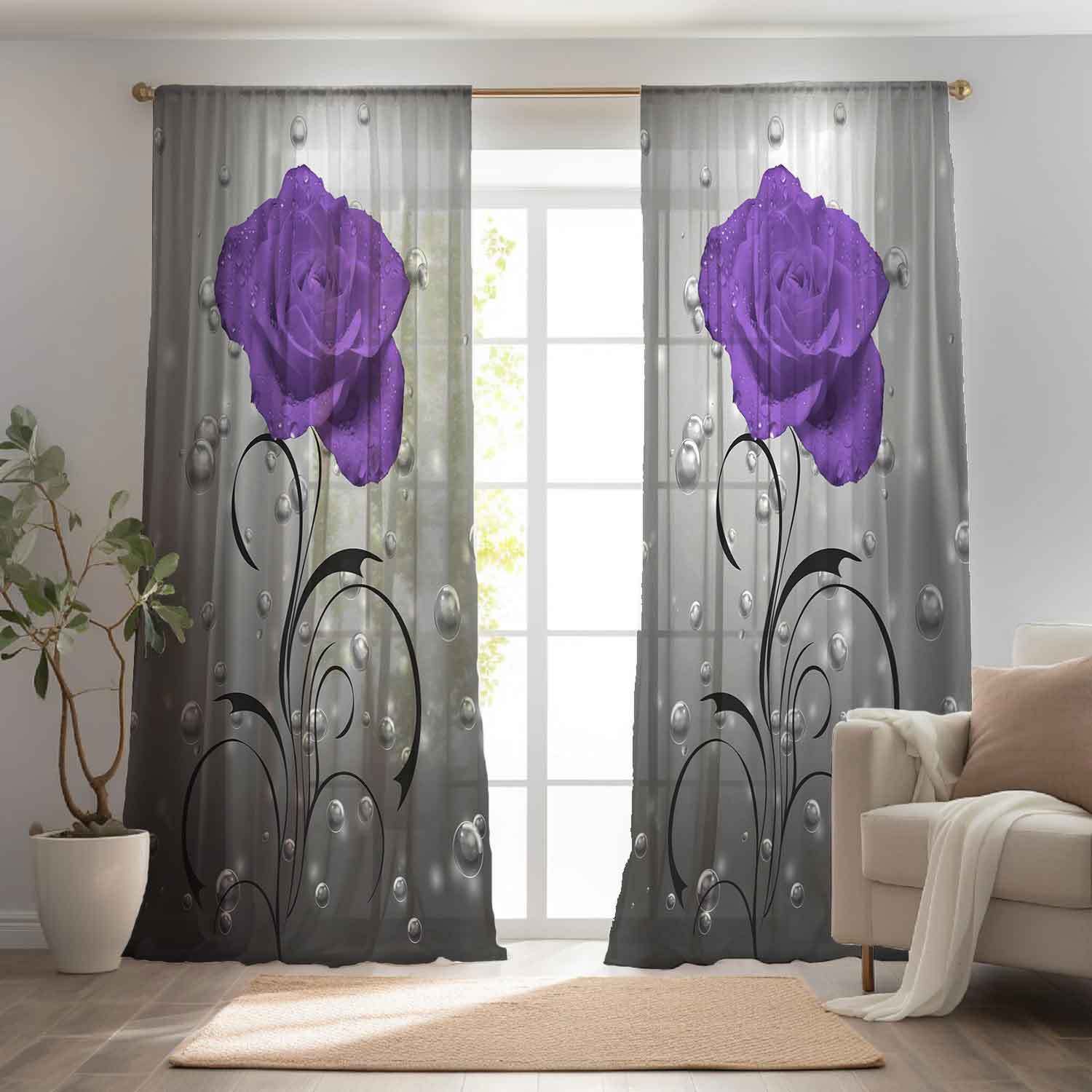 

Vintage Jacquard Polyester Curtains - 2 Panels, Elegant Purple Rose Print Drapes For Living Room & Bedroom, Machine Wash, Includes Tie Backs, For