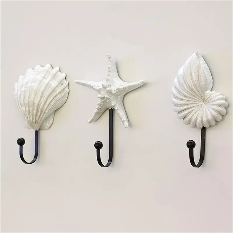 

3pcs Set Starfish, Shell & Conch Resin Hooks - Mounted Coat Hooks With , Fashionable Metal Storage For Home Decor, Hooks For Hanging Things Wall