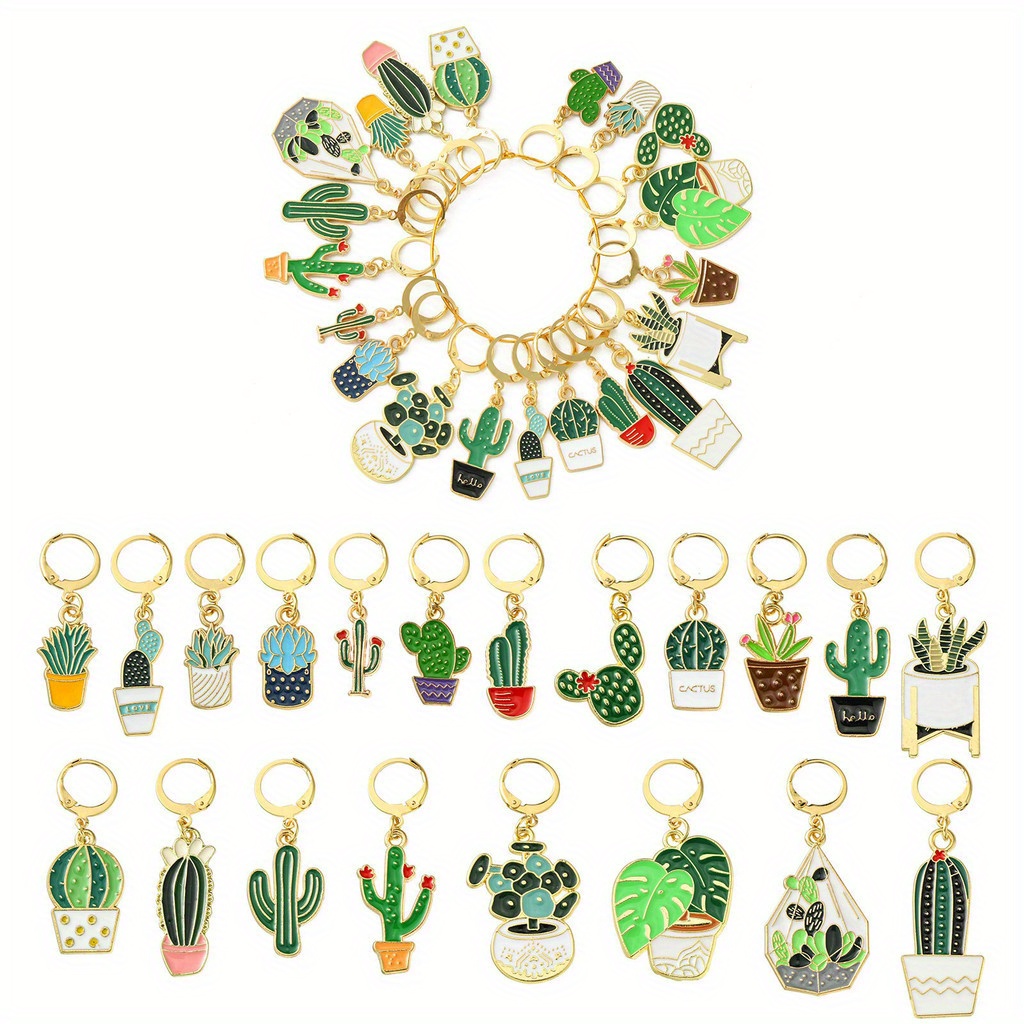 

20pcs Cactus Enamel Alloy Markers, Assorted Crochet & Knitting Charms, Locking Weaving Sewing Accessories For Quilting And Jewelry Crafting