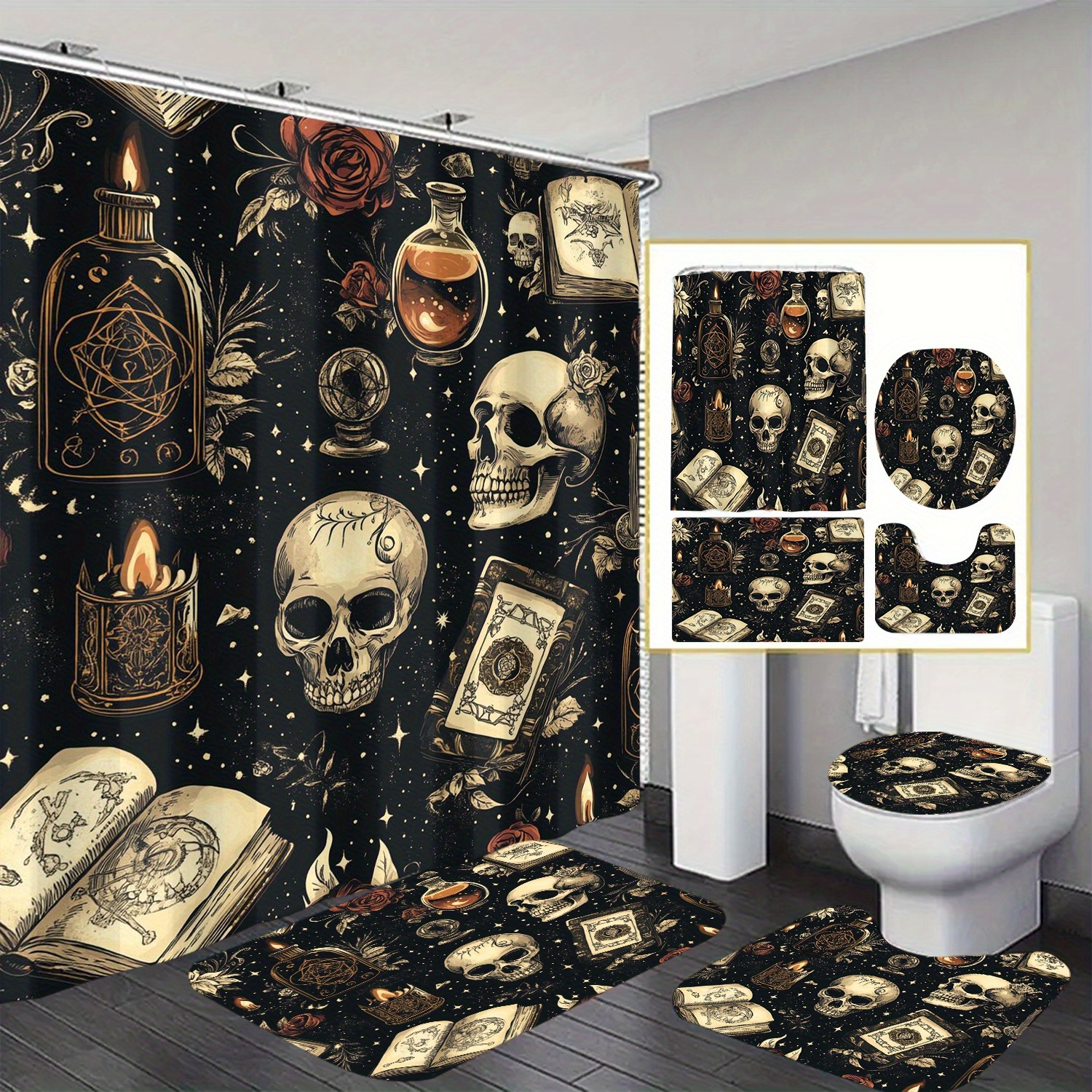 

Gothic Themed Shower Curtain Set With 12 Hooks, Water-resistant Non-woven Graphic Print Bath Curtains, Machine Washable, Arts Curtain Collection For Home & Hotel Bathroom Decor - 4pc Set