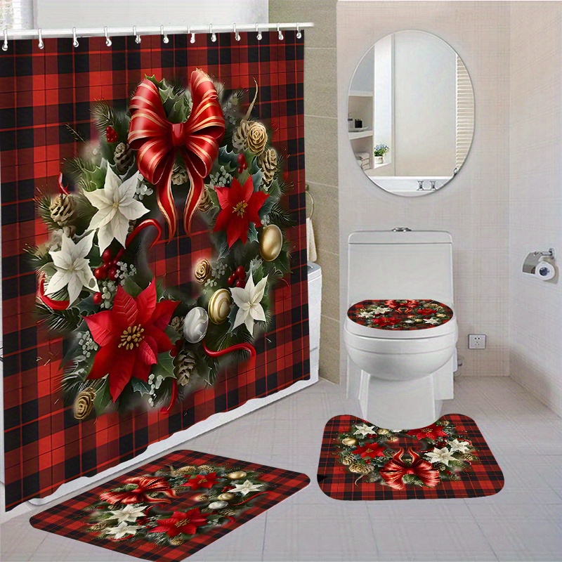 

Festive Christmas Plaid Bathroom Shower Curtain Set With 12 Hooks - Includes Toilet Seat Cover, Bath Mats, And Rugs - Non-slip Polyester Fabric - Washable - Perfect For Holiday Decor