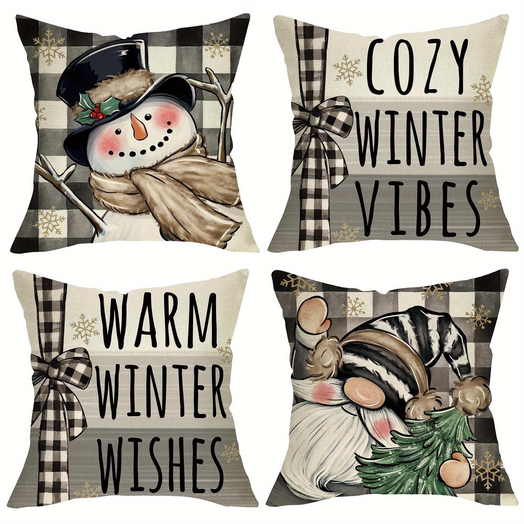 

4pcs Set Modern Throw Pillow Covers - Christmas Themed With Snowman, Santa & Pine Trees - Living Room, Bedroom Sofa Decor - Machine Washable, Zip Closure, 18x18 Inches