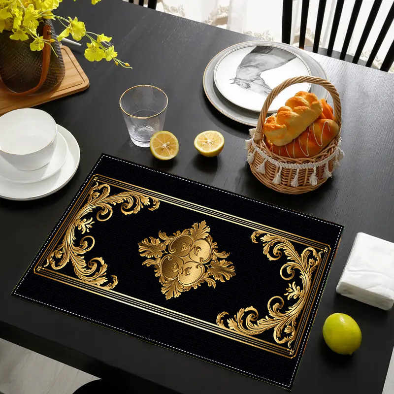 

Luxury Black And Golden Pattern Placemats, Rectangular Linen Table Mats, Easy Clean Kitchen And Dining Mat, Home & Hotel Use, Hand Wash Only, Woven Fabric