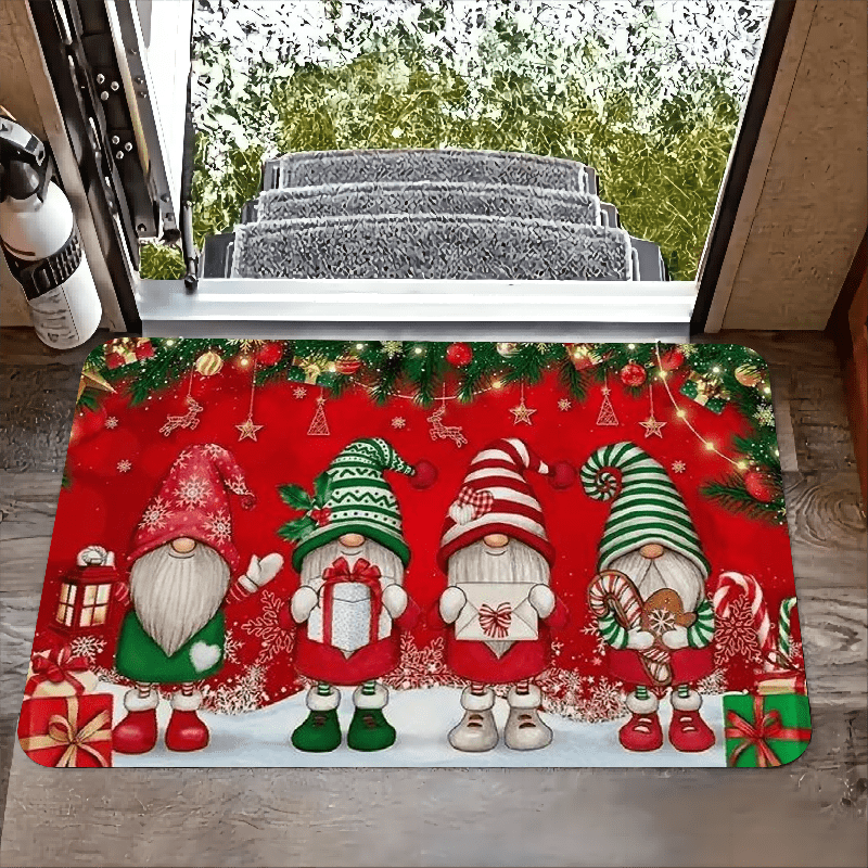 

Christmas Gnome Non-slip Door Mat - Stain Resistant, Machine Washable Polyester Rug For Kitchen & Laundry Room Decor