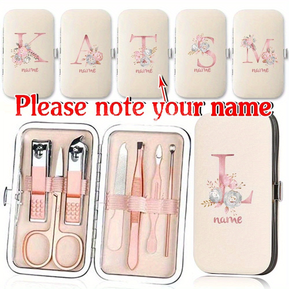 

Custom 7pcs Nail Care Kit With Personalized Name - Large Capacity Travel Organizer, Stylish Pink Floral & Letter Design, Includes Fingernail & Toenail Clippers, Scissors & Manicure Tools