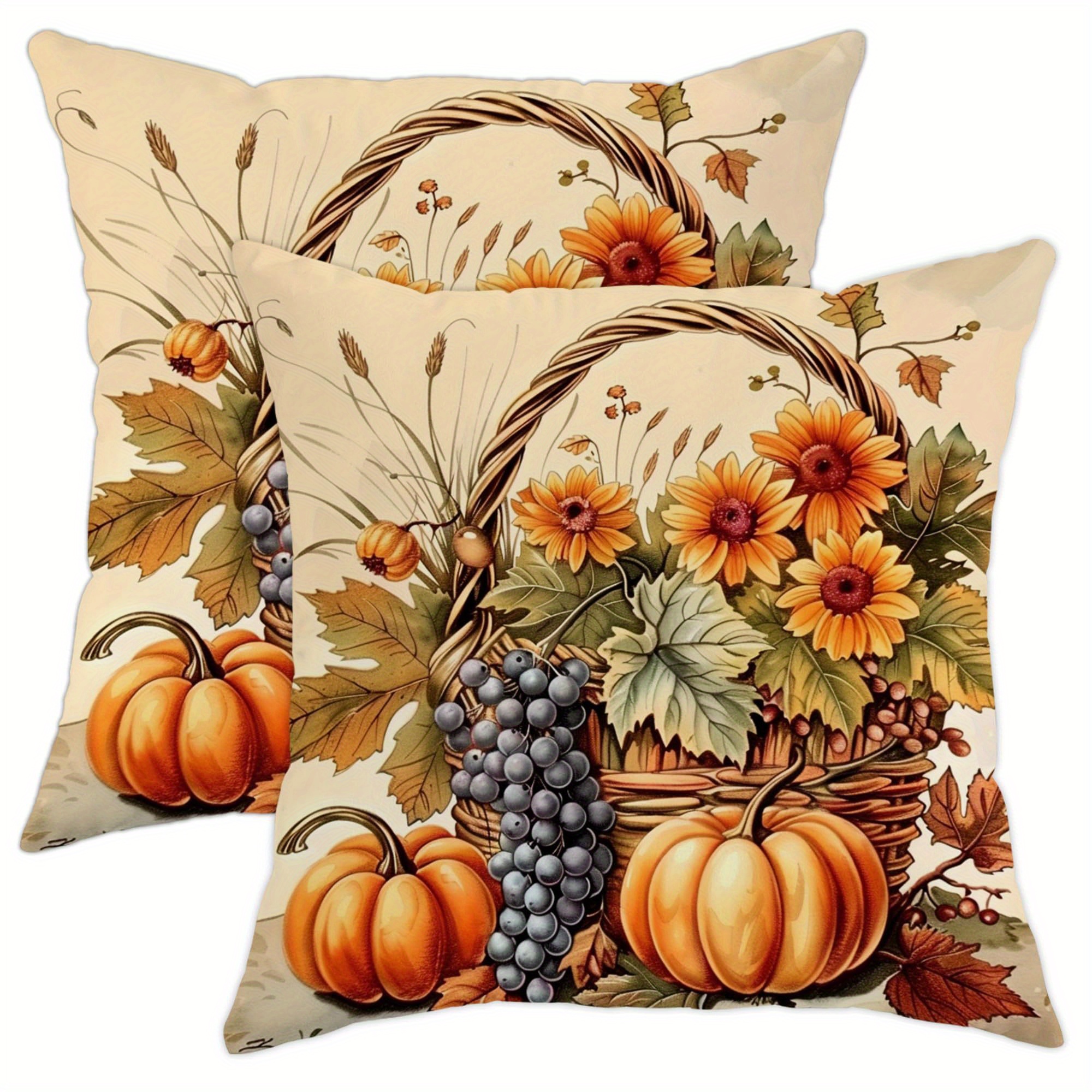 

2pcs Modern Polyester Throw Pillow Covers, 18x18 Inch - Autumn Pumpkin & Sunflower Basket Design For Living Room And Bedroom Decor