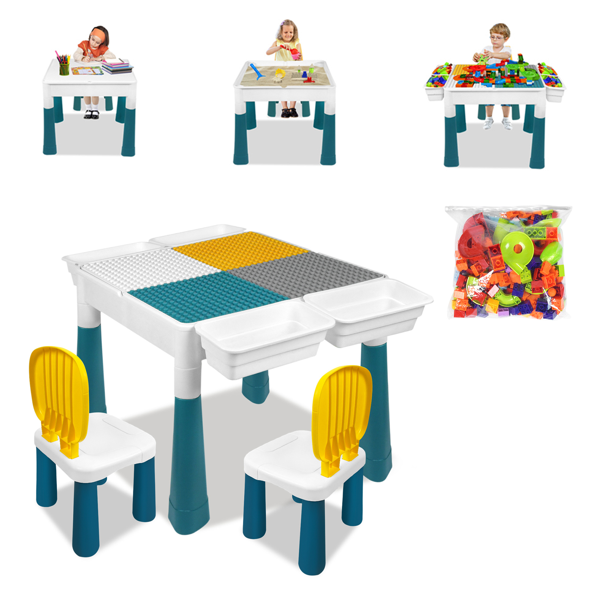 

6 In 1 Children's Table Set Activity Table Children's Desk Table Sand Water Table Including 163 Pieces Blocks Christmas Gift