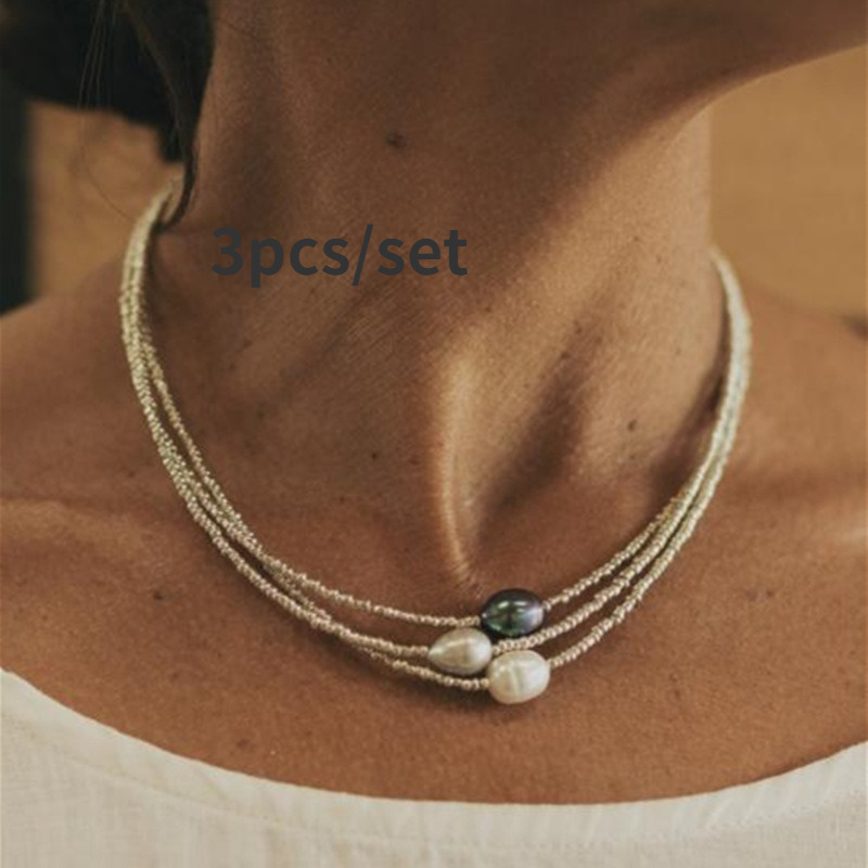 

3pcs Set Of Vintage Bead Necklaces Handmade Rice Bead Necklaces Fashion Handmade Ornaments