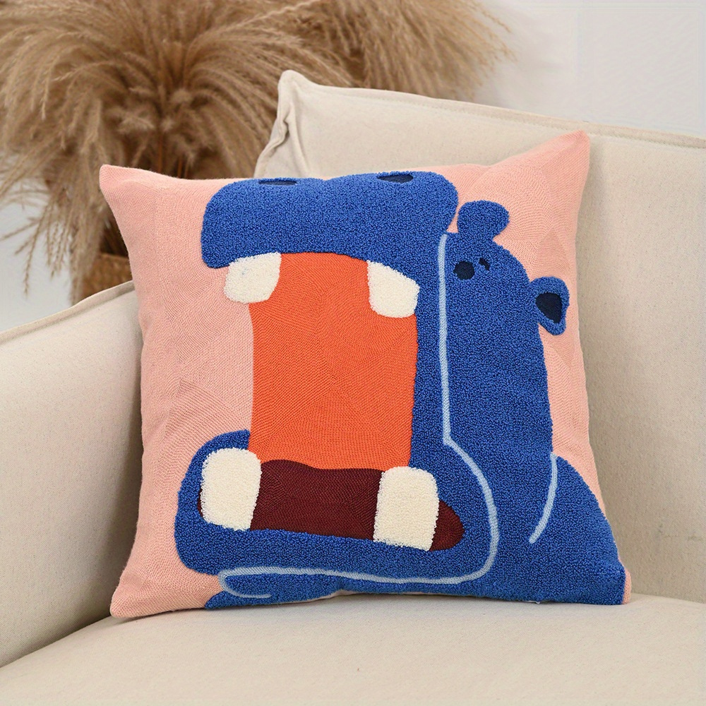 

1pc -inspired Embroidered Animal Throw Pillow Cover, Double-sided Velvet, Knitted Polyester, Decorative Case For Sofa And Bedroom, No Insert Included