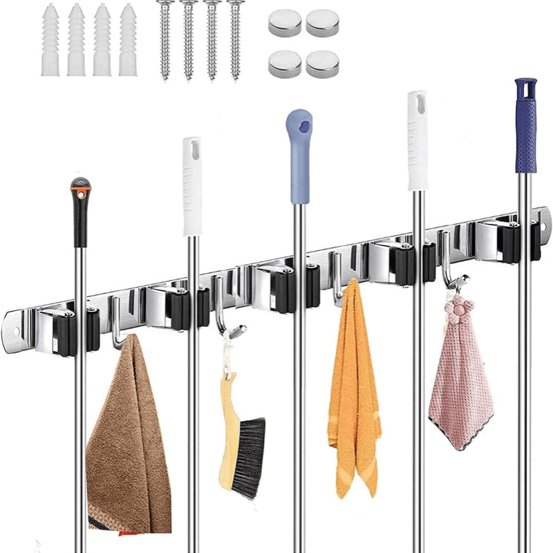 

Support pour balais et serpillères en acier inoxydable - Organiseur de rangement - Porte-outils avec 5 supports et 4 crochets pour cuisine, salle de bain, placard, garage, bureau, jardin - 1 pièce