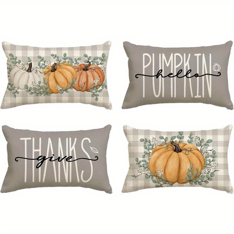 

4pcs Set '' Thanksgiving Throw Pillow Covers - Aqua & Gray, Autumn Eucalyptus Design, 12x20 Inches, Zip Closure, Polyester, Hand Wash Only