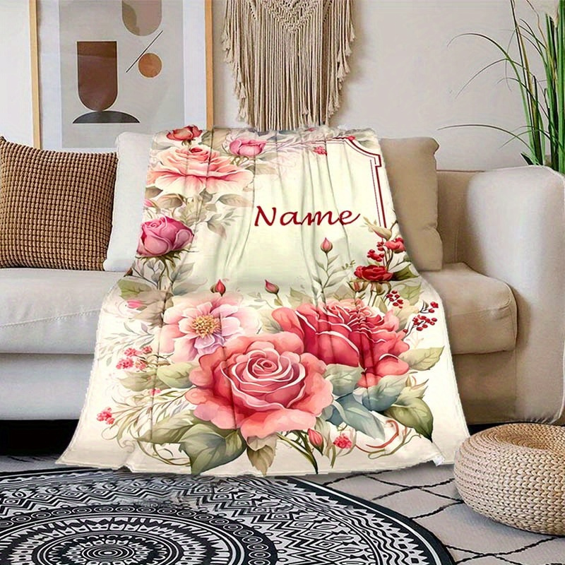 

Customized Name Chunky Knit Polyester Blanket - Personalized Floral Wreath Design, Soft, Warm, All-season Throw For Napping, Camping, Travel - Machine Washable, Uncharged, Non-carpet Gift Blanket