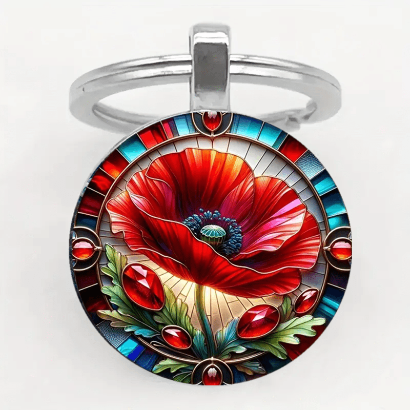 

Round Poppy Flower Keychain With Stained Glass Design, Casual Style Zinc Alloy Keyring, Artistic Farmhouse Decor-inspired Key Holder, Ideal Housewarming & Teacher Gift