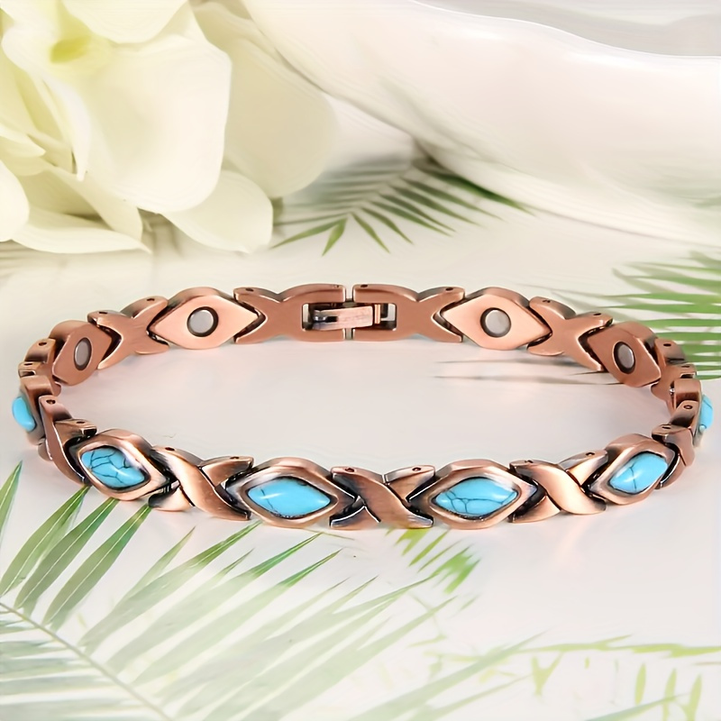 

Elegant Bohemian Style Copper Magnetic Bracelet For Women - Adjustable, No Plating, Pure Copper With Turquoise Accents & Intricate - Ideal Or Gift For All