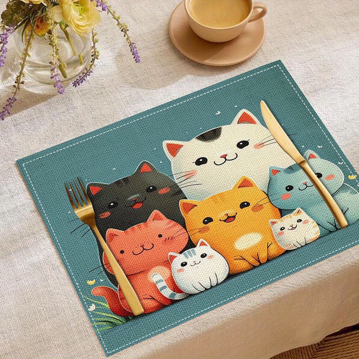 

Cute Cartoon Cats Placemat Set: 2/4 Pieces, Linen Material, Hand Wash Only, Home Dining Decor