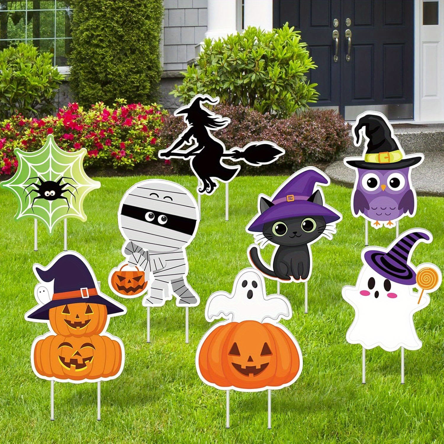 

Yard Signs - 8 Piece Set, Large Plastic Garden Stakes With Pumpkin, , , Cat Designs For Party Lawn Decor, No Power Needed