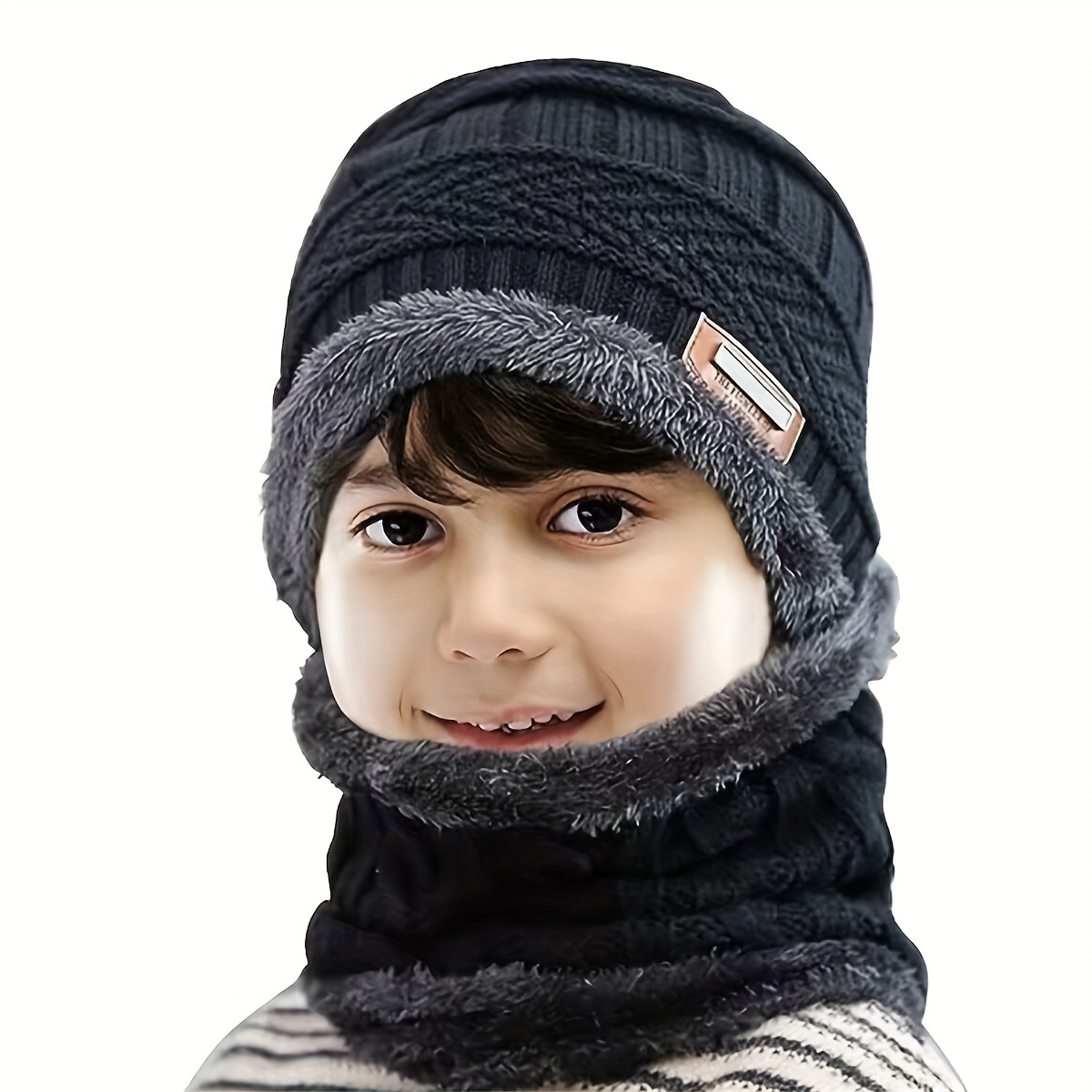 

2pcs/ Set Warm Plush Lined Knit Beanie For 5-12 Year Old Children, Kid Winter Accessories