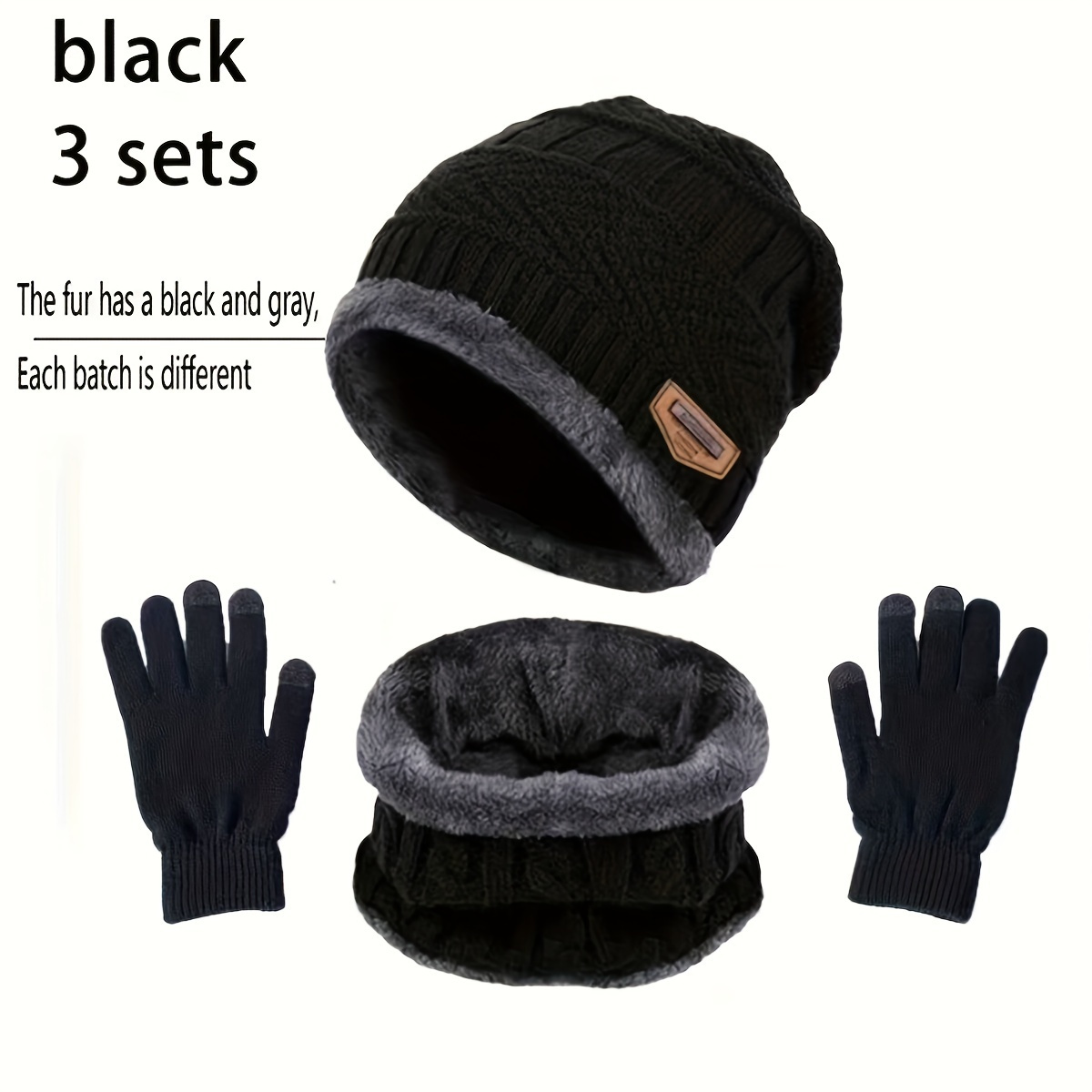 

3pcs Gloves Scarf Fleece Beanie Set For Women & Men Black Knit Hats Warm Beanies Winter Neck Gaiter Elastic Gloves Outdoor Accessories