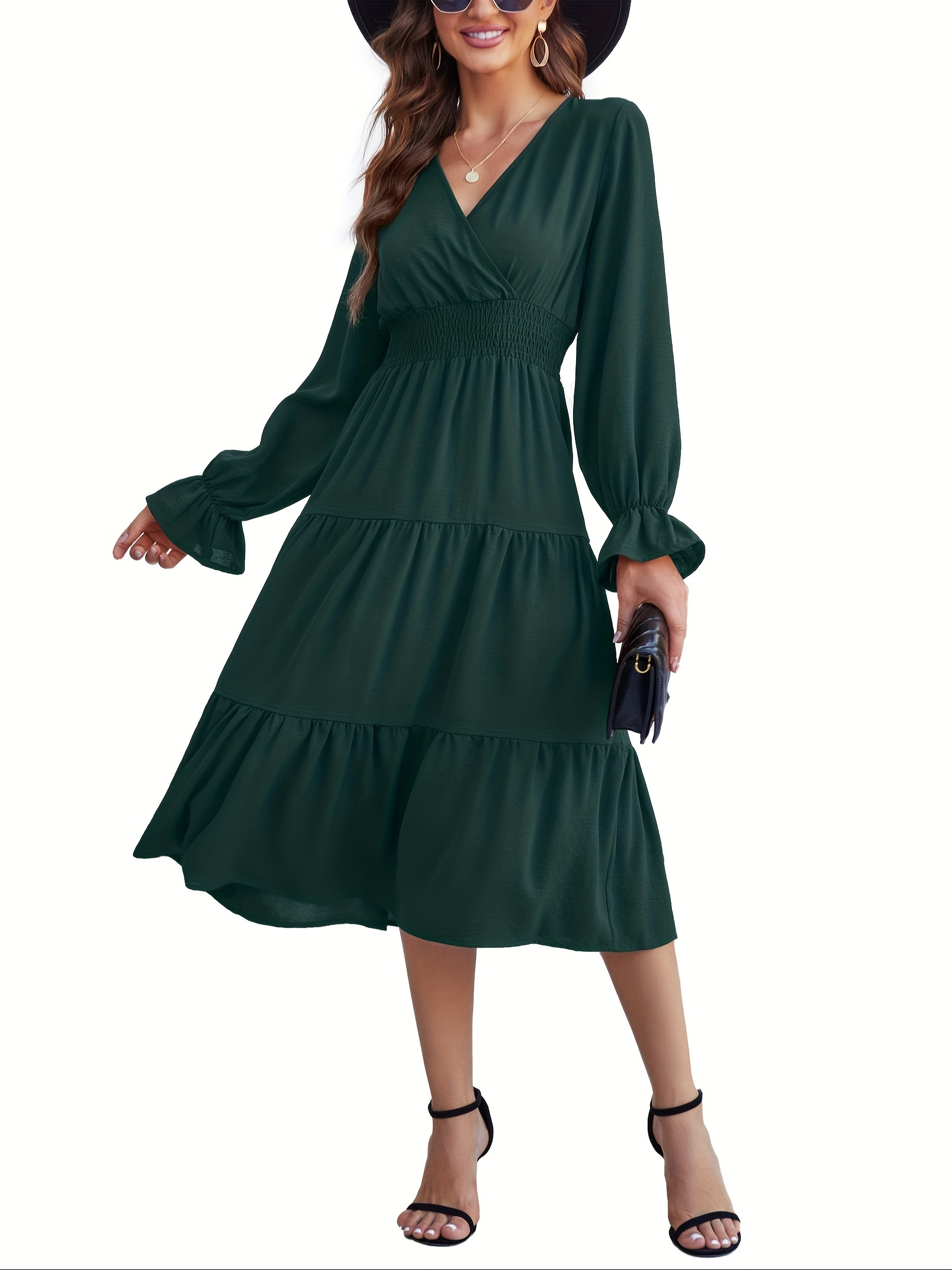 Women's Casual Wrap V Neck Midi Dress Long Sleeve Smocked Waist Tiered A Line Pleated Flowy Long Dress